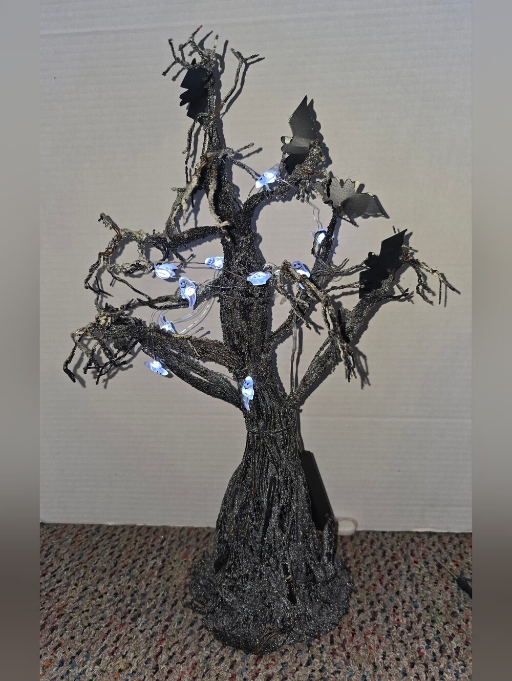 Halloween Black Tree White Ghost Lights Metal Bat Ornaments 17.5" H